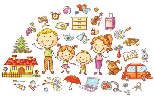 Family life and household set, colorful cartoon